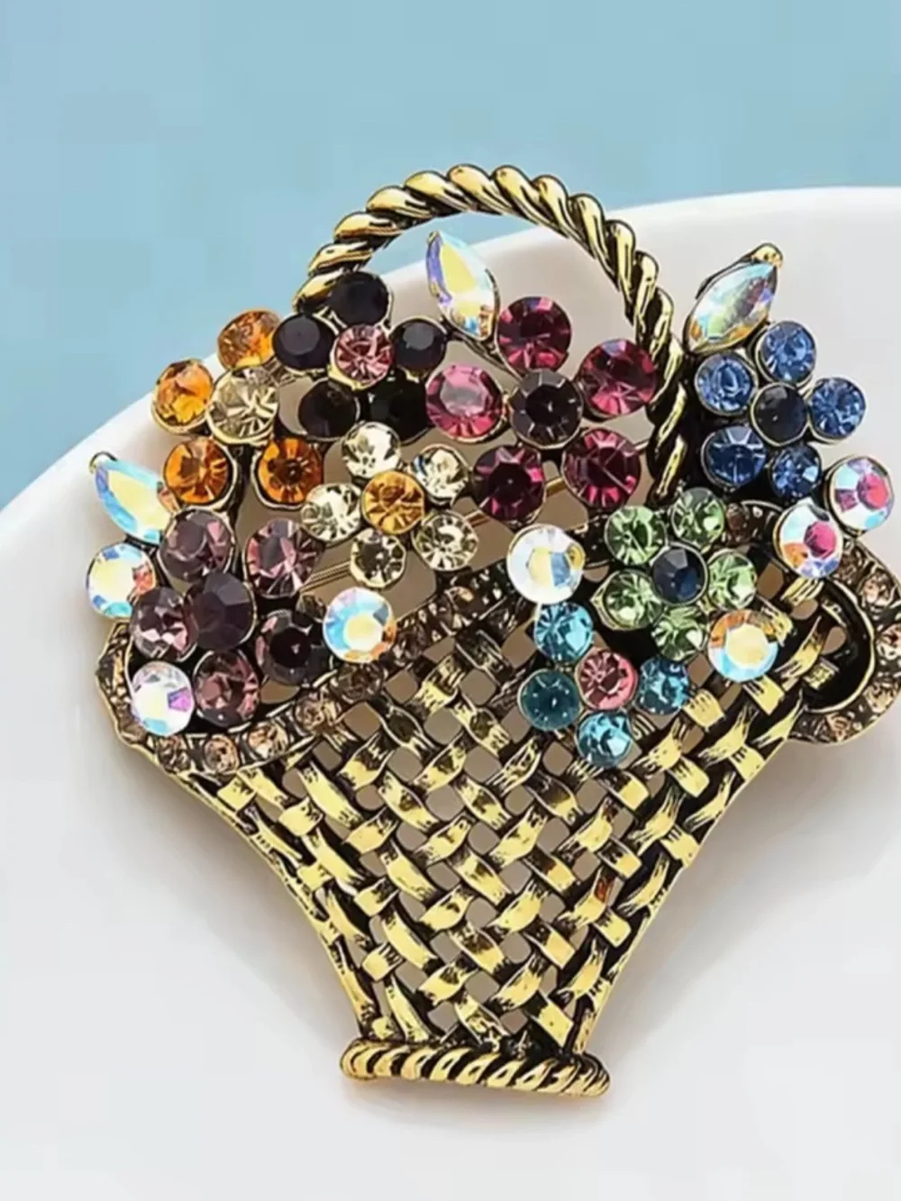 Vintage Gold Floral Basket Brooch Multicolor Crystal Luxury Statement Pin